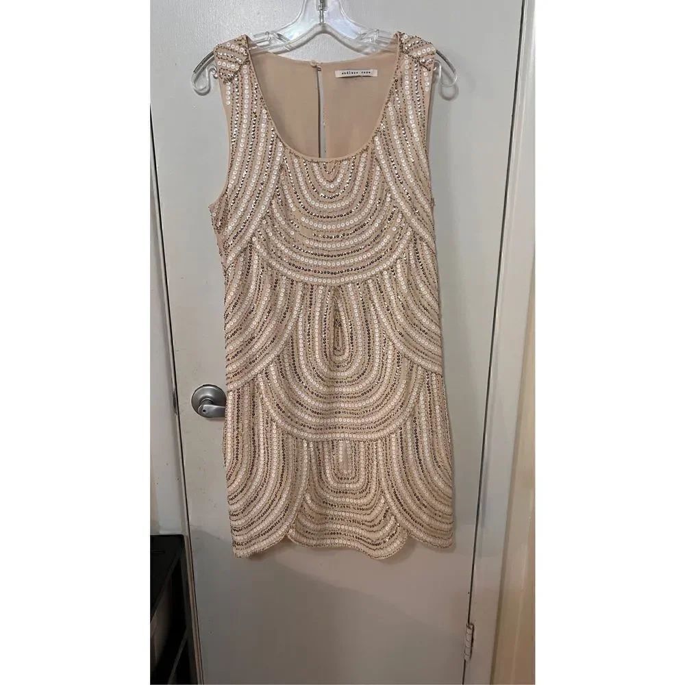 ENDLESS ROSE EMBELLISHED SCALLOPED DRESS TAUPE SIZE 10